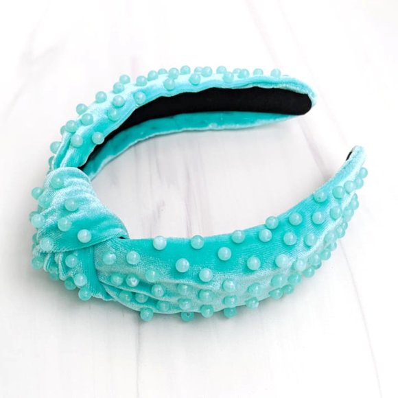 Tiffany Blue Beaded Knot Velvet Headband Aqua Amazonite Acrylic Beads Handmade main image 5